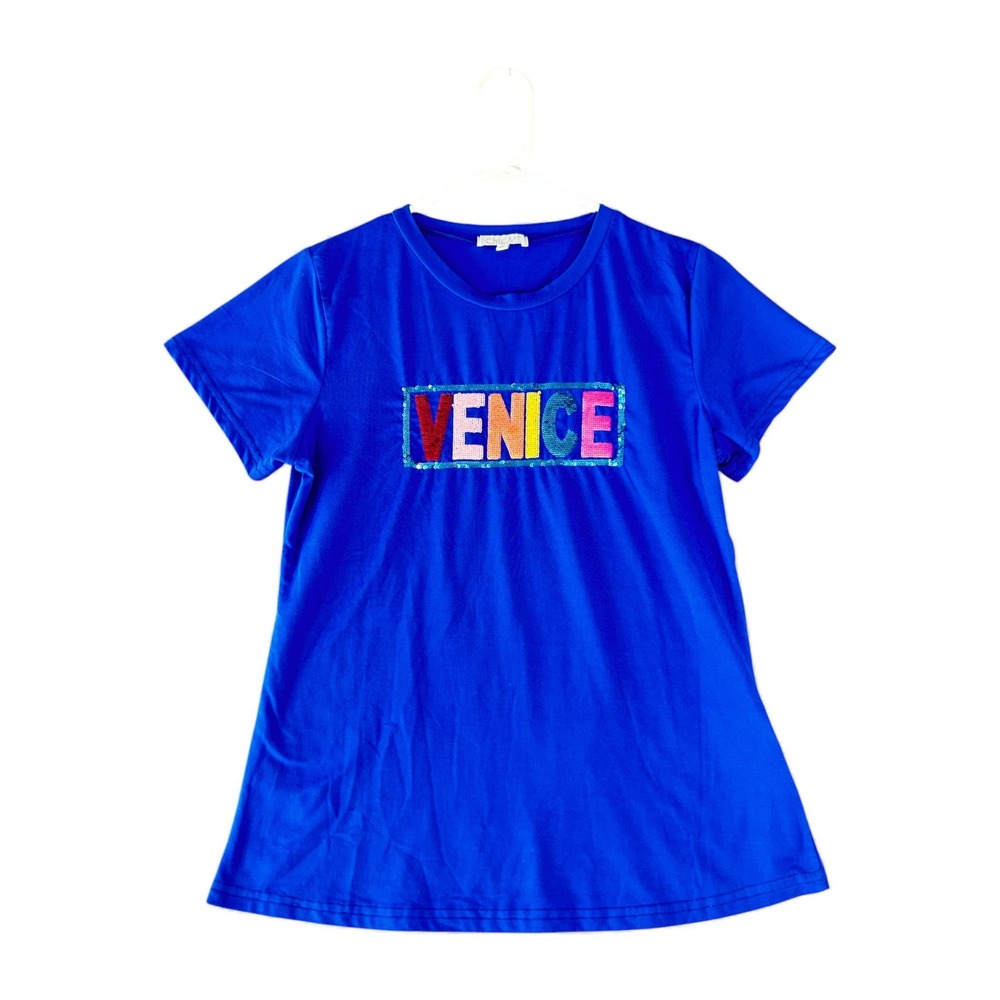 ChicMi Womens‎ Blue Venice Sequin TShirt Graphic Tee Top Size XL